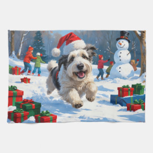 Old English Sheepdog Running in Snow Christmas Hat Kitchen Towel