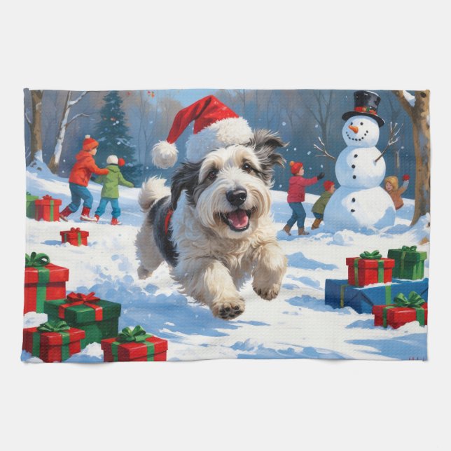 Old English Sheepdog Running in Snow Christmas Hat Kitchen Towel (Horizontal)