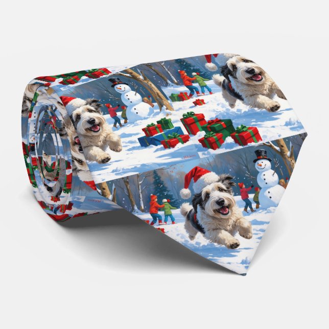 Old English Sheepdog Running in Snow Christmas Hat Neck Tie (Rolled)