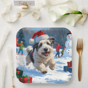 Old English Sheepdog Running in Snow Christmas Hat Paper Plates