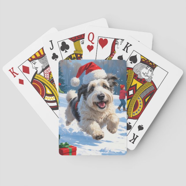 Old English Sheepdog Running in Snow Christmas Hat Poker Cards (Back)