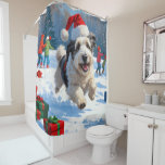 Old English Sheepdog Running in Snow Christmas Hat Shower Curtain