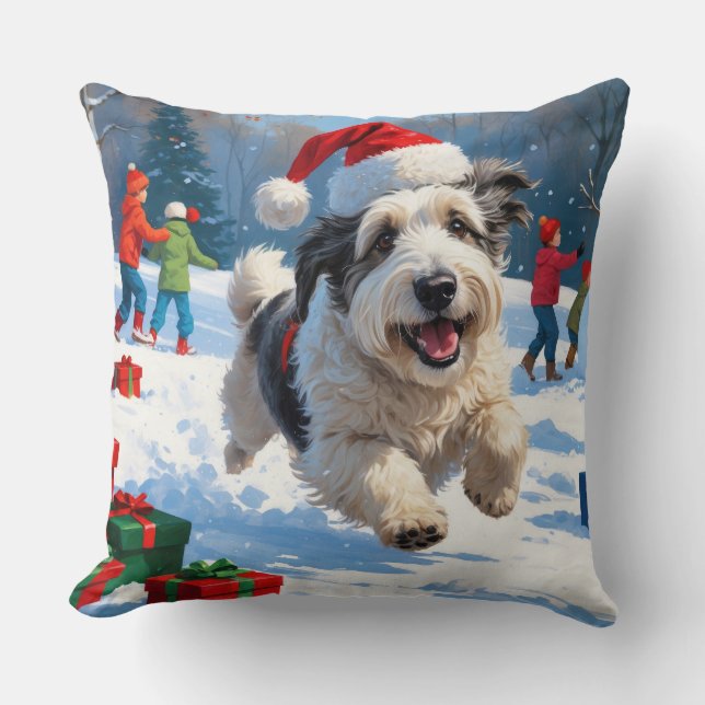 Old English Sheepdog Running in Snow Christmas Hat Throw Pillow (Front)