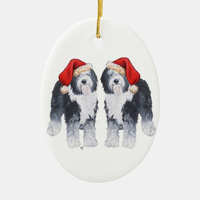 Old English Sheepdog Santa Hat Ceramic Ornament (Front)