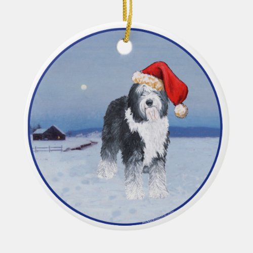 Old English Sheepdog Santa Hat Ceramic Ornament