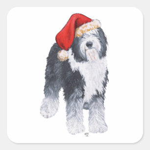 Old English Sheepdog Santa Hat Square Sticker