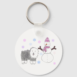 Old English Sheepdog & Snowman Keychain