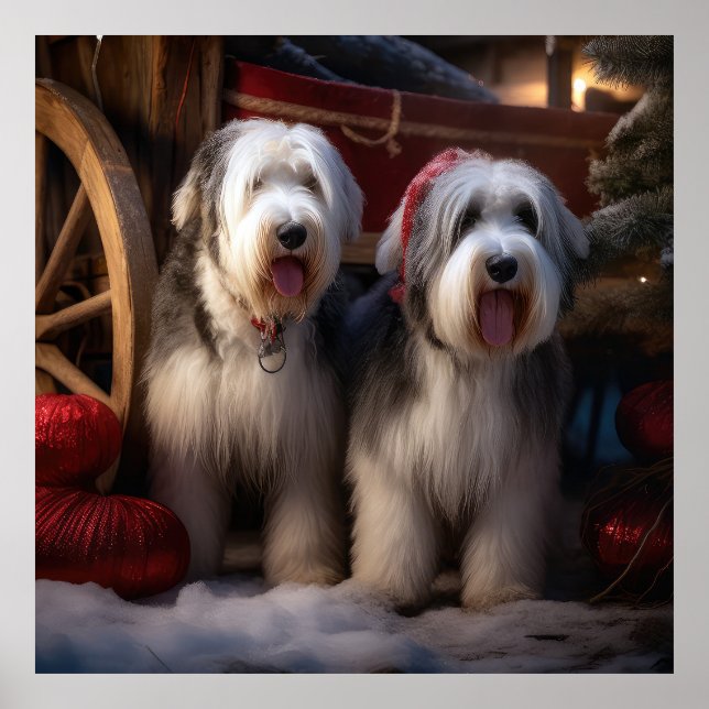Old English Sheepdog Snowy Sleigh Christmas Decor  (Front)