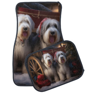 Old English Sheepdog Snowy Sleigh Christmas Decor Car Floor Mat