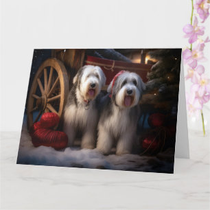 Old English Sheepdog Snowy Sleigh Christmas Decor Card
