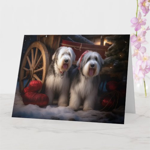 Old English Sheepdog Snowy Sleigh Christmas Decor  Card
