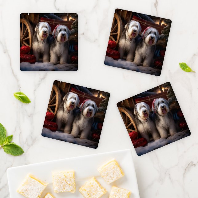 Old English Sheepdog Snowy Sleigh Christmas Decor  Coaster Set (In Situ)