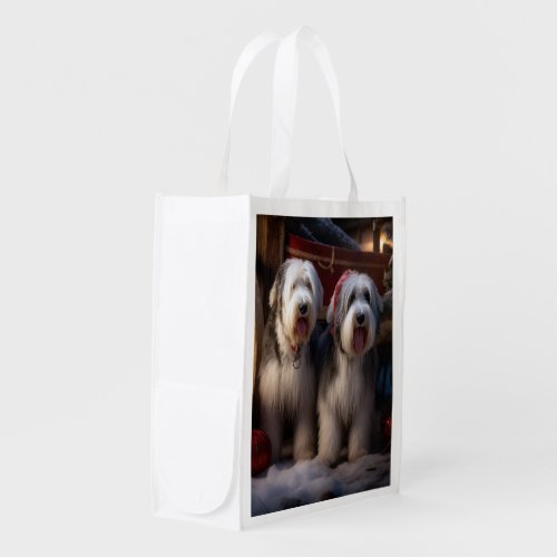 Old English Sheepdog Snowy Sleigh Christmas Decor  Grocery Bag