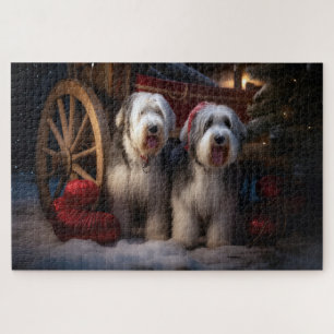 Old English Sheepdog Snowy Sleigh Christmas Decor Jigsaw Puzzle