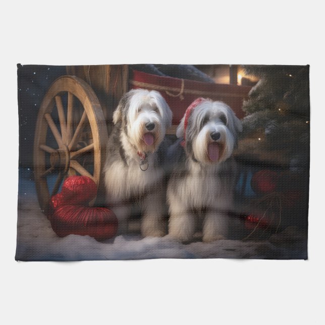 Old English Sheepdog Snowy Sleigh Christmas Decor  Kitchen Towel (Horizontal)