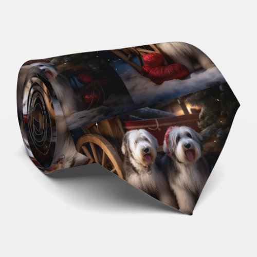 Old English Sheepdog Snowy Sleigh Christmas Decor  Neck Tie