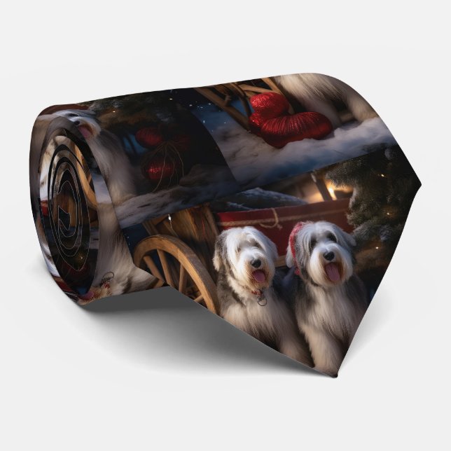 Old English Sheepdog Snowy Sleigh Christmas Decor  Neck Tie (Rolled)