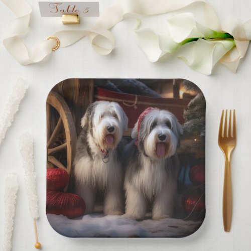 Old English Sheepdog Snowy Sleigh Christmas Decor  Paper Plates