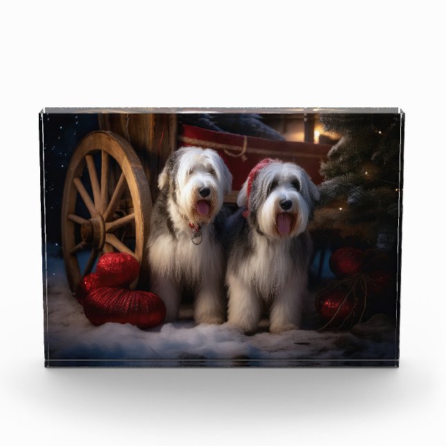 Old English Sheepdog Snowy Sleigh Christmas Decor  Photo Block (Front)
