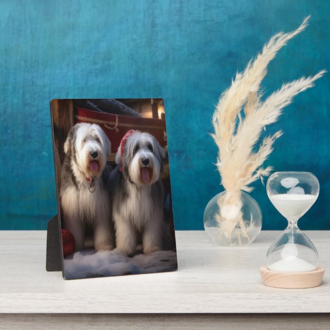 Old English Sheepdog Snowy Sleigh Christmas Decor  Plaque (Side)