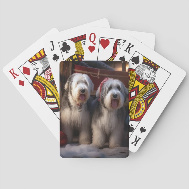 Old English Sheepdog Snowy Sleigh Christmas Decor  Poker Cards (Back)