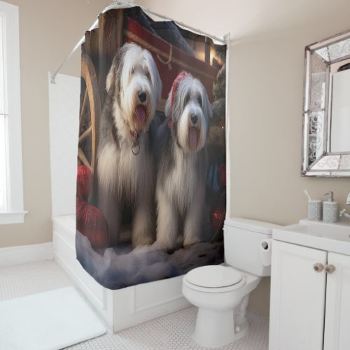 Old English Sheepdog Snowy Sleigh Christmas Decor  Shower Curtain