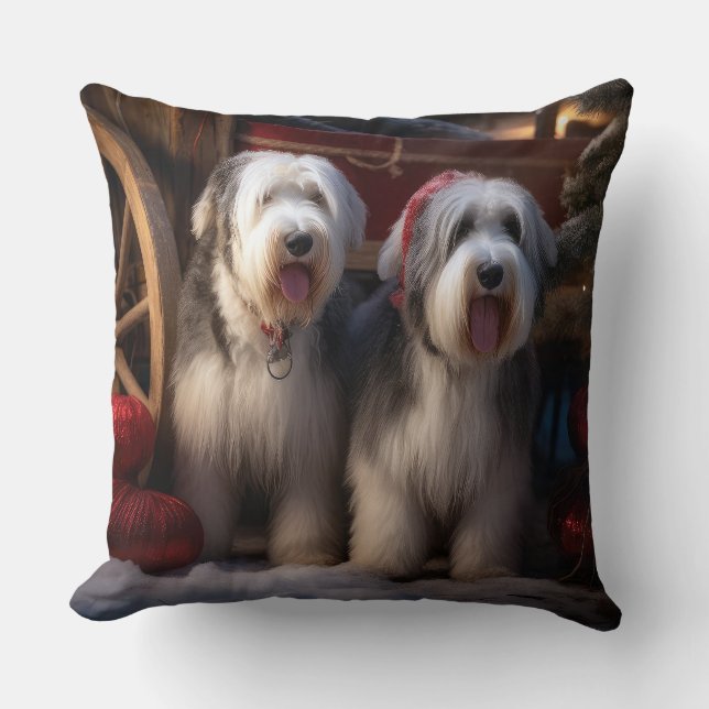 Old English Sheepdog Snowy Sleigh Christmas Decor  Throw Pillow (Front)