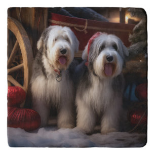 Old English Sheepdog Snowy Sleigh Christmas Decor  Trivet