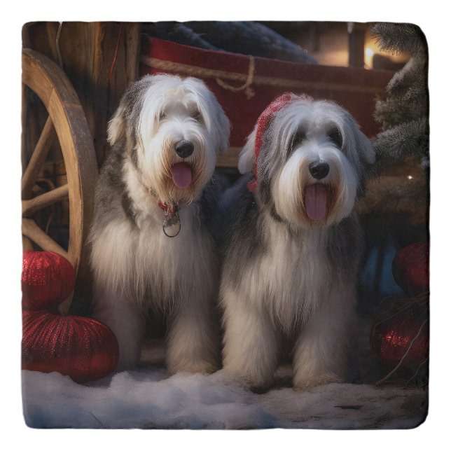 Old English Sheepdog Snowy Sleigh Christmas Decor  Trivet (Front)