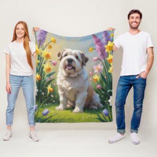 Old English Sheepdog Spring Flowers Painting Fleece Blanket