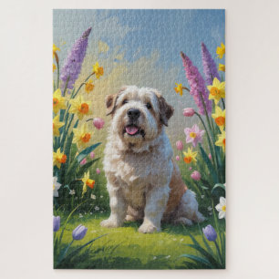 Old English Sheepdog Spring Flowers Painting Jigsaw Puzzle