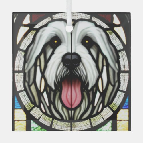 Old English Sheepdog Stained Glass Glass Ornament
