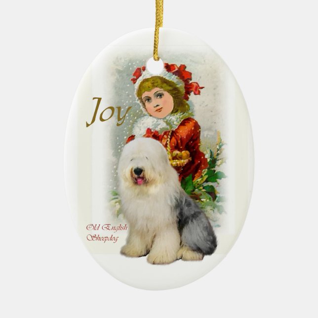 Old English Sheepdog Vintage Christmas Ceramic Ornament (Front)