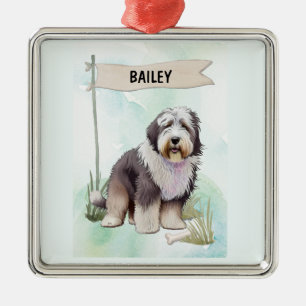 Old English Sheepdog Watercolor Personalized Dog Metal Ornament