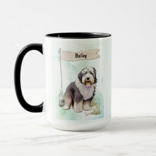 Old English Sheepdog Watercolor Personalized Dog Mug