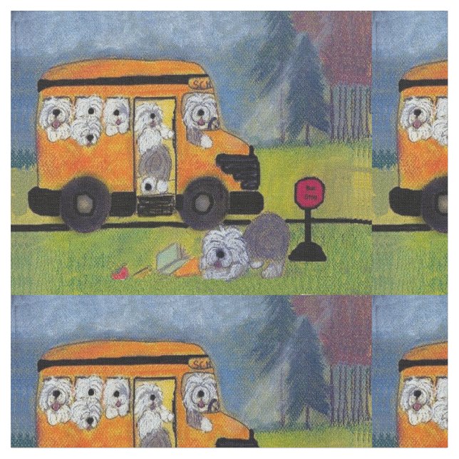 Old English Sheepdog Wigglebottom Bus Fabric (Close Up)