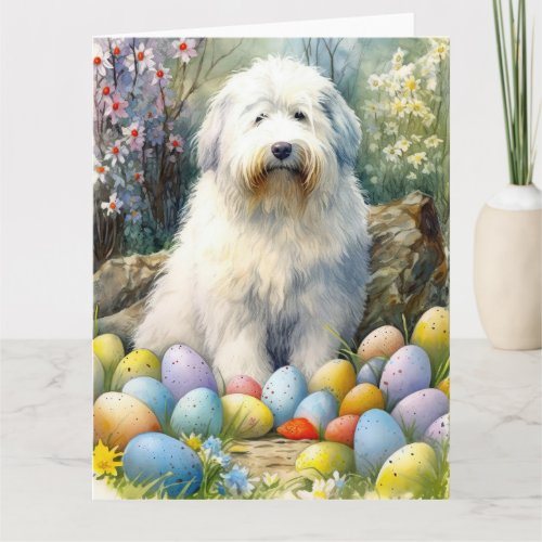 Old English Sheepdog with Easter Eggs Holiday Card