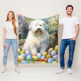 Old English Sheepdog with Easter Eggs Holiday Fleece Blanket