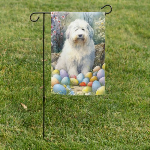 Old English Sheepdog with Easter Eggs Holiday Garden Flag