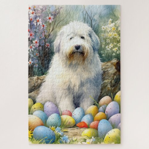 Old English Sheepdog with Easter Eggs Holiday Jigsaw Puzzle