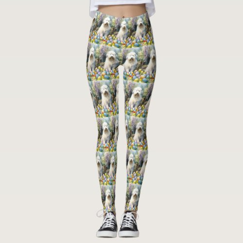 Old English Sheepdog with Easter Eggs Holiday Leggings
