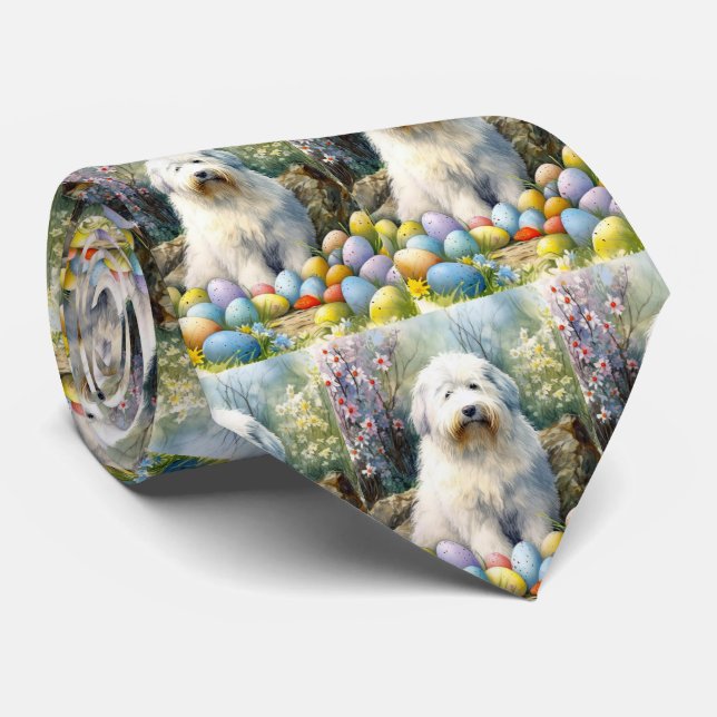 Old English Sheepdog with Easter Eggs Holiday Neck Tie (Rolled)