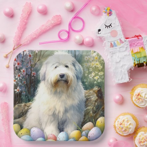 Old English Sheepdog with Easter Eggs Holiday Paper Plates
