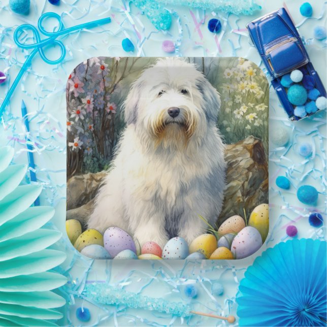 Old English Sheepdog with Easter Eggs Holiday Paper Plates (Party)