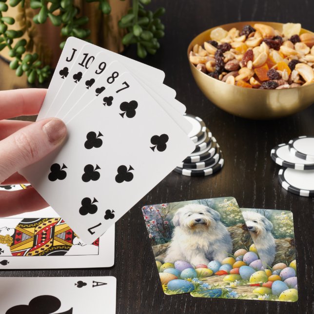 Old English Sheepdog with Easter Eggs Holiday Poker Cards (In Situ)