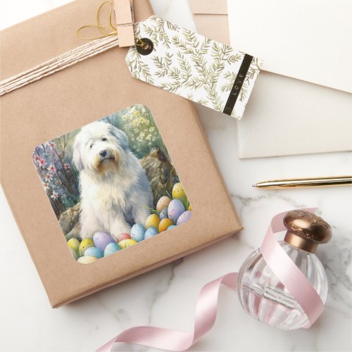 Old English Sheepdog with Easter Eggs Holiday Square Sticker