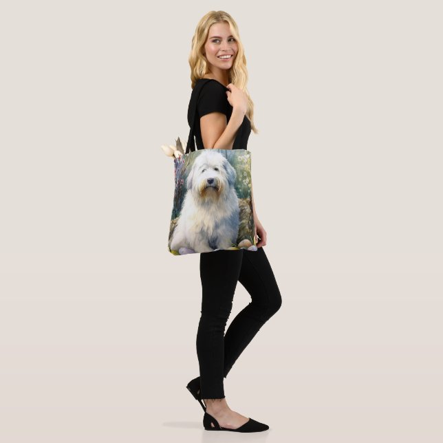 Old English Sheepdog with Easter Eggs Holiday Tote Bag (On Model)