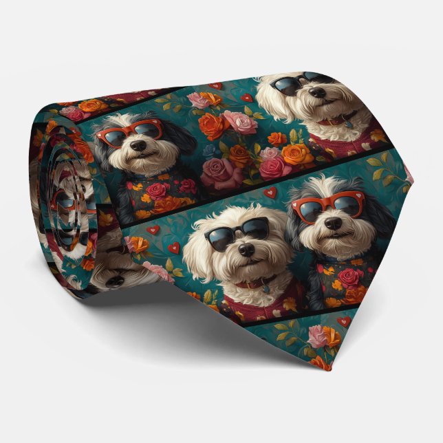 Old English Sheepdog with Roses Valentine's Day Neck Tie (Rolled)
