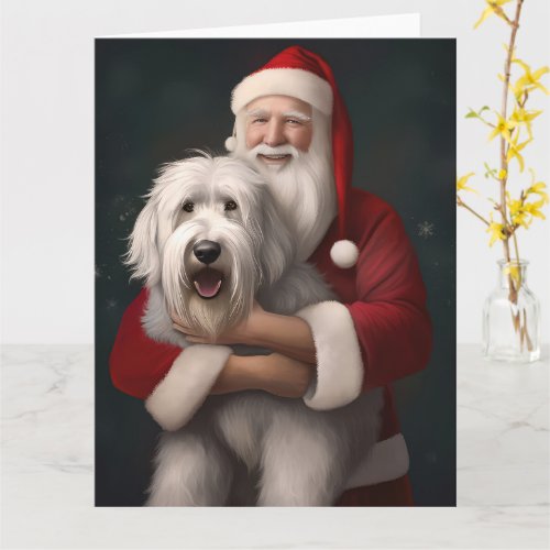 Old English Sheepdog With Santa Claus Festive Card