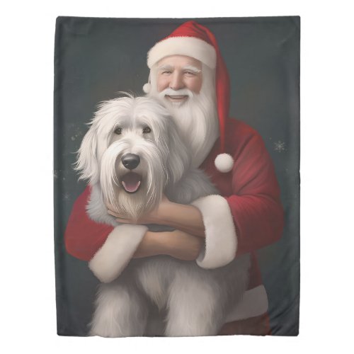 Old English Sheepdog With Santa Claus Festive Duvet Cover